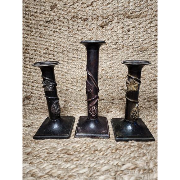 3 Vintage Traditional Italian Cast Iron Bronze Grapevine Candlestick Holders - Picture 1 of 12